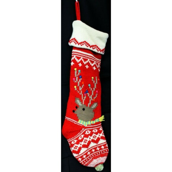 Pottery Barn Kids Christmas Stocking Red White Knit Sweater Reindeer Ornaments - Picture 1 of 12